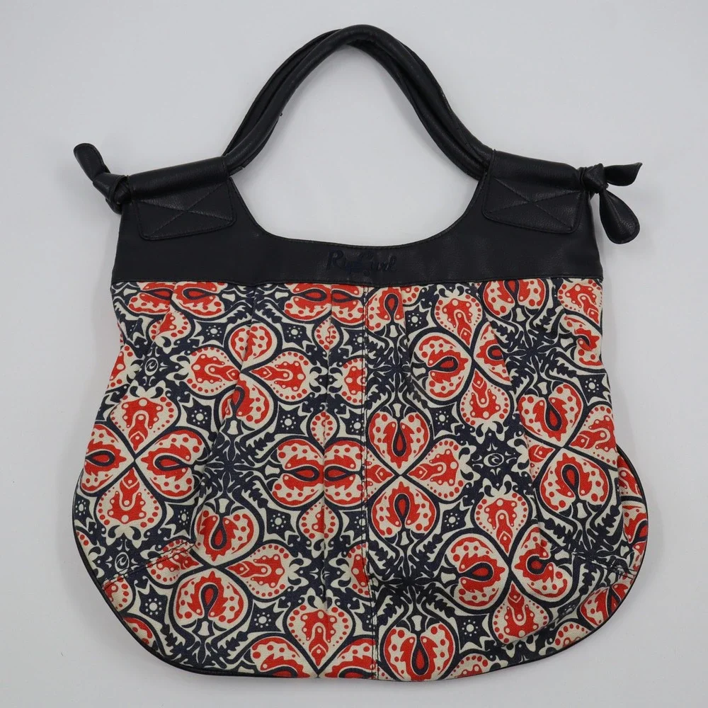 Rip Curl Hobo Bag Womens Medium Navy Red Paisley Cotton‎ Faux Leather Trim Boho